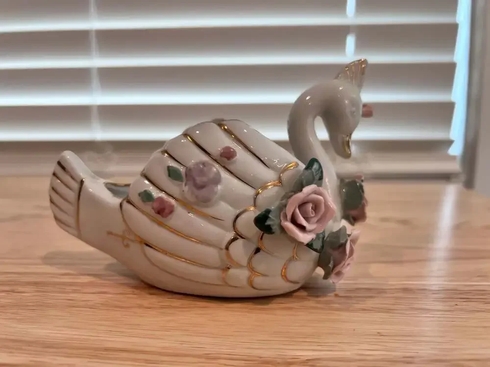 Vintage Porcelain Swan Trinket Dishes with Applied Floral Roses and Gold Trim